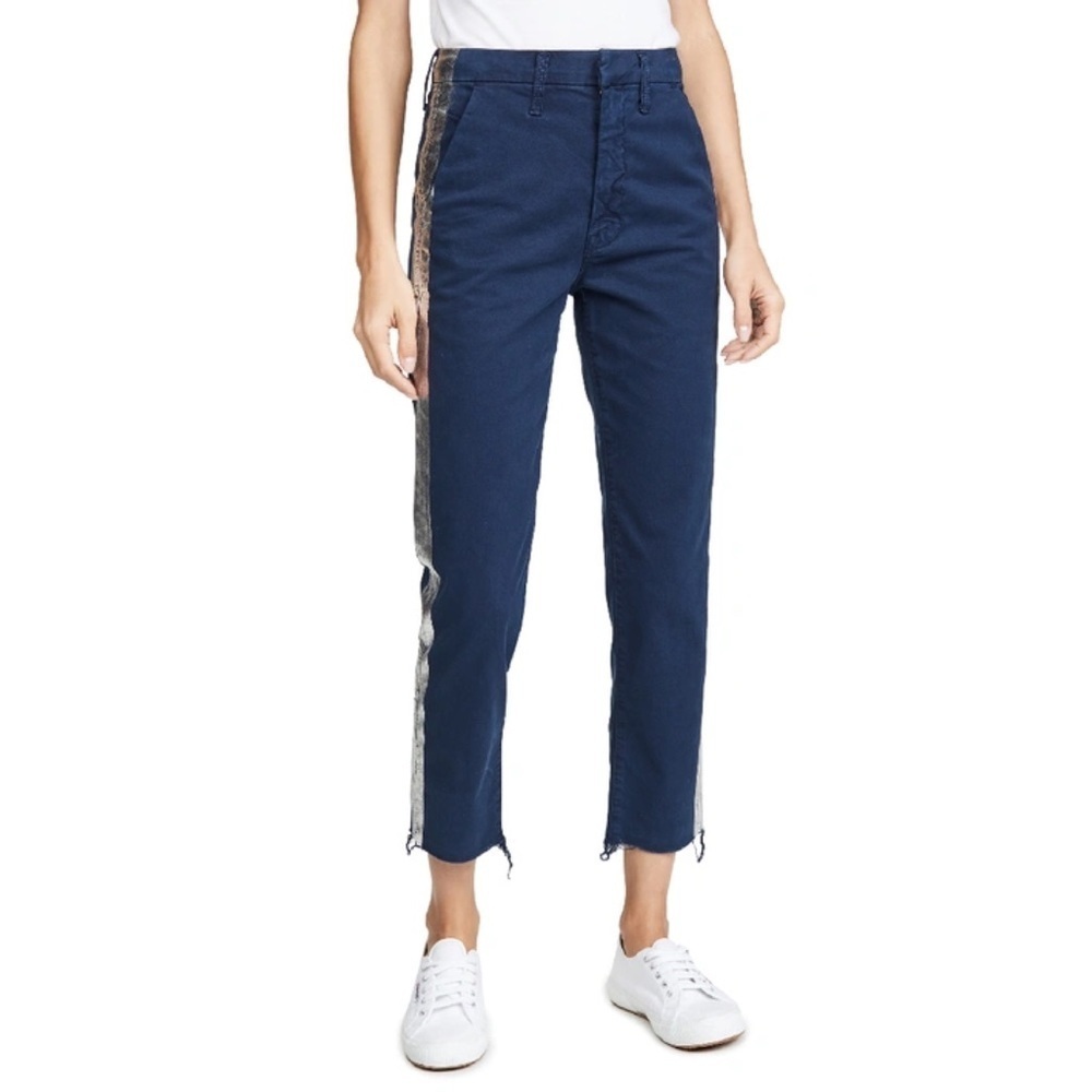 Mother the shaker prep fray chino pants crop high rise navy silver side stripe